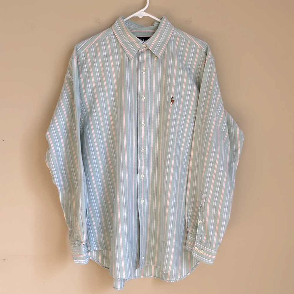 Polo by Ralph Lauren button down shirt. Light green with stripes.  Size 17 34-35